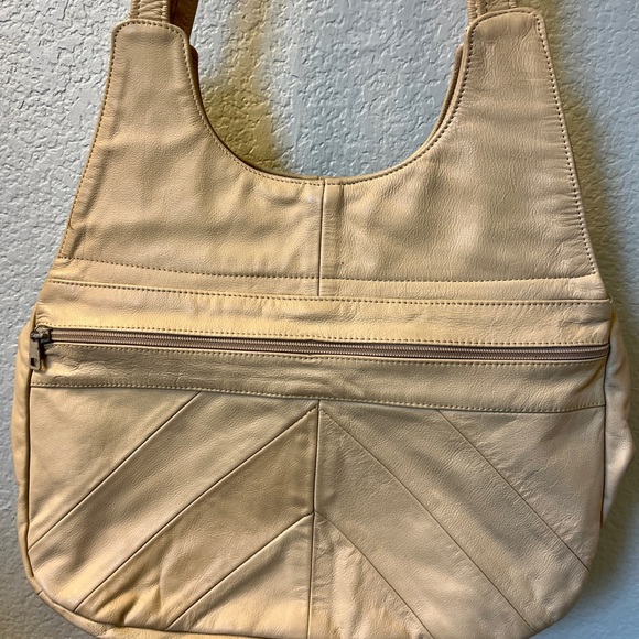 Leather Boho‎ Chic Beige Shoulder Bag Zipper Pockets Made in Mexico - Picture 2 of 7